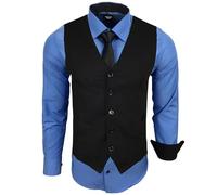 Subliminal Mode - Gilet + Chemise + Cravate Homme Col Bicolore Uni Manches Longues Coupe Ajusté Business Repassage Facile RN33 Noir et Bleu Clair XXL