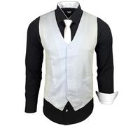 Subliminal Mode - Gilet + Chemise + Cravate Homme Col Bicolore Uni Manches Longues Coupe Ajusté Business Repassage Facile RN33 Blanc et Noir L