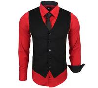 Subliminal Mode - Gilet + Chemise + Cravate Homme Col Bicolore Uni Manches Longues Coupe Ajusté Business Repassage Facile RN33 Noir et Rouge XL