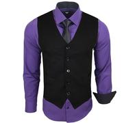 Subliminal Mode - Gilet + Chemise + Cravate Homme Col Bicolore Uni Manches Longues Coupe Ajusté Business Repassage Facile RN33 Noir et Violet Foncé L