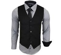 Subliminal Mode - Gilet + Chemise + Cravate Homme Col Bicolore Uni Manches Longues Coupe Ajusté Business Repassage Facile RN33 Noir et Gris S