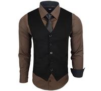 Subliminal Mode - Gilet + Chemise + Cravate Homme Col Bicolore Uni Manches Longues Coupe Ajusté Business Repassage Facile RN33 Noir et Marron M