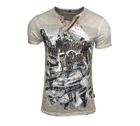 Subliminal Mode T-Shirt Homme Coton Col V Boutonné à Manches Courtes Délavé - Imprimé Montagne - Style Mordene/Vintage - Coupe Classique BX129 - Beige L