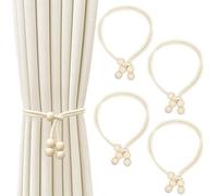 SUBTAVIK Embrasses de Rideaux, Lot de 4, Corde Tressée avec Perles en Bois Élégantes, pour Salon, Chambre, Bureau, Beige