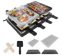 SUBTLETY Appareil à raclette pour 8 personnes 1400 W avec plaque de cuisson en granit, poêles antiadhésives, 8 petits plateaux et 8 spatules en bois, grill de table double couche