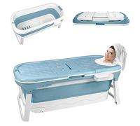 SUBTLETY Baignoire pliable pour adulte - Portable - Avec couvercle - Panier à savon et rouleaux de massage - À poser dans la douche - Idéal pour les petites salles de bain SPA (143 x 62 x 53 cm, bleu)