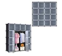 SUBTLETY Système d'étagères de penderie en plastique PP - Avec portes - 140 x 35 x 140 cm - Armoire de rangement pour vêtements, chaussures, livres, jouets (noir, 16 compartiments)