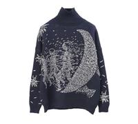 SUBX Pull à Col Roulé pour Femme Hiver Épaissi Conception de Piste Galaxy Lune Surdimensionné Pull Occasionnel Pull Tricoté-Bleu Marine-S