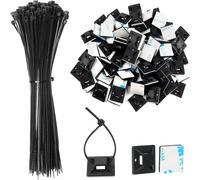 SUBZONAL-200 Pièces Serre Cable Plastique 150mm + Plastique Embases Adhesive pour Attache de Cable (18 mm x 18 mm), Serre-Câbles Auto Adhésif Supports Base pour Rangement câbles la Maison et le Burea