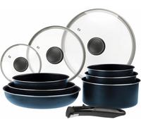 Subzonal-714251 Batterie De Cuisine 10 Pcs Aluminium Bleu Métal Mat : Manche Amovible, 3 Poêles Ø20,24,28 Cm, 3 Casseroles Ø16,18,20 Cm, 3 Couvercles Verre Ø16,20,24 Cm, Tous Feux Dont Induction