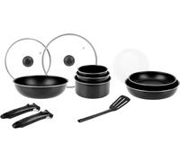 Subzonal-714946 Batterie De Cuisine 14 Pcs Alu Noir : 2 Manches Amov. 1 Wok Ø28cm 2 Poêles Ø24,28 3 Casseroles Ø16,18,20 2 Couv. Verre Ø24,28 3 Couv. Plastic Ø16,18,20 1 Spatule Tous Feux Dont Induct