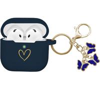 SUBZONAL-AIIEKZ Compatible avec Coque AirPods 4 2024, Coque en Silicone Souple avec Motif C?ur Doré pour AirPods 4ème Génération, avec Porte-clés Papillon Mignon (Bleu Nuit)