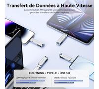 SUBZONAL-Cle USB C 128 Go Apple Certifié MFi, Clé USB iPhone Stockage Externe Photo Stick, USB 3.0 Flash Drive Sauvegarde Photos Vidéos, 3 en 1 Clef USB pour iPhone/Type C/iPad/Android/PC/Mac(Gris)