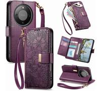SUBZONAL-Coque pour Honor Magic 8 Lite 5G, Fleur Étui Housse en Cuir PU à Rabat Portefeuille Antichoc avec Porte Carte, Poche Zippée, Chiusura Magnétique, Dragonne et Support Cover Case Femme, Violet