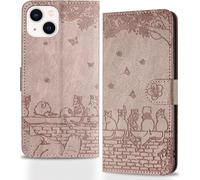 SUBZONAL-Coque pour iPhone 13 Rabat,Housse Pochette iPhone 13 Clapet,Portefeuille Etui avec Porte-Carte et Dragonne,Chats/Fleur PU Cuir/Antichoc Flip Folio Case.Violet Rosé