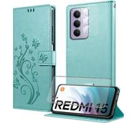 SUBZONAL-Coque pour Xiaomi Redmi 15 avec 1 Verre Trempé,1 Protection Camera,Étuis Rabat Housse en Cuir PUFentes pour CartesPochette de PortefeuilleStand Feature- Vert