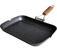 SUBZONAL-Ecochef Titane Poêle à Griller Induction Lisse, 34 x 24cm, Antiadhésive QUANTANIUM Écologique sans PFOA, Fonte d'Aluminium, Épaisseur 5 mm, Poignée en Bois Pliable, Vitrocéramique, Gaz