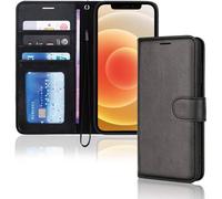 SUBZONAL-Etui iPhone iPhone 12 Mini Portefeuille - Housse Portefeuille en Cuir avec Rabat de Protection, Fentes pour Cartes, Béquille et Dragonne, Cuir PU Noir Compatible avec iPhone 12 Mini 5.4