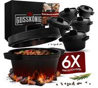 SUBZONAL-GUSSKÖNIG Ensemble Mini Dutch Oven - 6 Cocottes en Fonte 300 ml avec Couvercle - Cocotte Individuelle pour Barbecue - Inclus : Livre de Recettes & Instructions