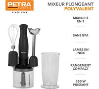 SUBZONAL-Mixeur Plongeant & Batteur Électrique 3-en-1 350W, Set avec Fouet/Hachoir/2 Bols (700ml + 500ml) sans BPA, Lames Inox 2 Vitesses, Base de Rangement Compacte, Noir