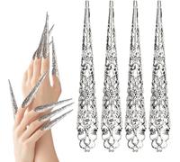 Subzonal-Mwoot 10 Pack Finger Nail Tip Claw Rings, Ancient Queen Costume Fingernail Claw Nail Rings Set, Knuckle Protectors Fingertip Claw For Halloween Cosplay Drama Belly Dance Show - Silver