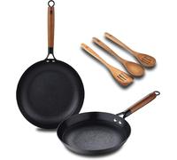 Subzonal-Odin - Kit De Cuisine : Poêle 24cm Et 28cm - 3 Ustensiles - Fonte De Haute Qualité - Revêtement Céramique Anti-Adhérent - Poignées En Acacia - Convient À Toutes Les Cuisinières