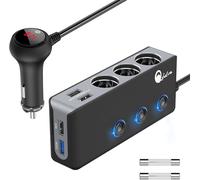 Subzonal-Qidoe Quick Charge 3.0 Adaptateur Allume-Cigare 120w, 12v/24v Cc 3 Prises Chargeur De Voiture Avec Interrupteur Principal De Voltmètre Led, 8.5a 4 Ports Usb Rapides, Trois Marche/Arrêt Indép