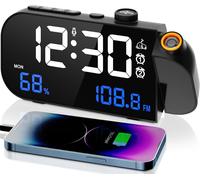 SUBZONAL-Radio Reveil Température et Humidité, 180° Réveil Projecteur Plafond, Réveil Numérique avec Fonction de Gradation, Chargement USB, 12/24H pour Chambre à Coucher, Bureau