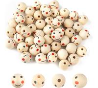 Subzonal-Sutoug Lot De 50 Perles Rondes En Bois Avec Tête De Poupée Souriante De 20 Mm Avec Trou De 5 Mm Pour Bricolage, Bracelet, Macramé, Collier, Bijoux, Poupée