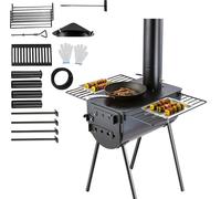 SucceBuy 118" four à bois en acier allié, four de tente de camping portable avec tuyaux de cheminée et gants, foyer de 3000 in³ pour cuisiner et se chauffer en plein air, 8 tuyaux inclus