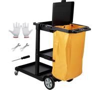 SucceBuy 3-Shelf Commercial Janitorial Cleaning Cart, capacité de 200 lbs, chariot d'entretien ménager en plastique avec sac en PVC de 25 gallons et couvercle, 120x51x98 cm, jaune & noir, Heavy-Duty U