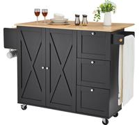 SucceBuy 56" Chariot de cuisine îlot avec plateau en bois, Mobile Storage Cabinet, Table roulante avec Drop Leaf, étagère à épices, porte-serviettes, étagère réglable, tiroir & crochet, Portable sur r