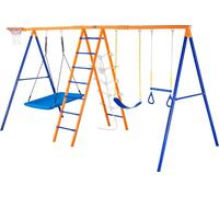 SucceBuy 6-in-1 Swing Set, capacité de 440lbs, 2 balançoires, trapèze, échelle, filet à grimper, panier de basket pour cour arrière
