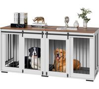 SucceBuy 72" Meuble double pour chiens - Blanc, pour petits à grands chiens. Cadre en acier solide, 2 portes coulissantes, plateau amovible. Fonctionne comme support TV.