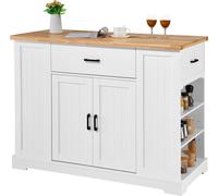 SucceBuy Chariot de cuisine îlot, bar à petit déjeuner 46 pouces avec plateau en bois, meuble de rangement avec étagère réglable, tiroir, style campagnard pour salle à manger, cuisine, salon, blanc