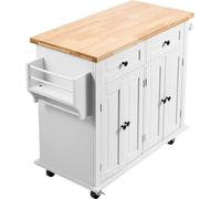 SucceBuy Chariot pour îlot de cuisine, largeur 35,4 pouces, plateau en bois massif, table de rangement mobile avec armoire, étagère à épices, porte-serviettes, tiroir, îlot roulant portable sur roulet