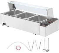 SucceBuy Chauffe-plats à 3 casseroles pour usage professionnel, 1500 W bain-marie de buffet en acier inoxydable, 3 x 8 QT table à vapeur électrique argentée avec couvercle en verre, réglage de la temp