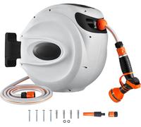 SucceBuy Enrouleur de tuyau rétractable, 24 m x 1,27 cm, support pivotant à 180° pour montage mural, tuyau d'arrosage avec buse à 9 motifs et 3 adaptateurs rapides, enroulement automatique
