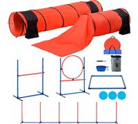 SucceBuy Équipement d'entraînement à l'agilité pour chiens, set amélioré de 7 pièces avec haies hautes réglables, 6 barres de tissage, 2 tunnels, cerceaux de saut, boîte de repos, 3 frisbees, sifflet