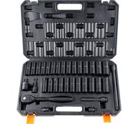 SucceBuy Jeu de clés à douilles à choc 1/2", 33 pièces, SAE et métrique, 10-24 mm, 6 pans en acier allié Cr-V pour les réparations automobiles, repères faciles à lire, construction robuste avec coffre