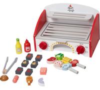 SucceBuy Jeu de gril BBQ pour enfants, jeu de gril en bois avec feu de charbon réaliste, accessoires de cuisine jouets (26 pièces), jouets de jeu de rôle pour l'intérieur et l'extérieur pour garçons e