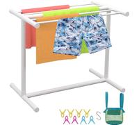 SucceBuy Porte-serviettes de piscine à 5 barres, PVC en forme de T pour l'extérieur, blanc, organisateur de rangement autonome, pinces à serviettes, sac en filet, crochet, flotteur et pagaie