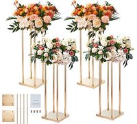 SucceBuy Présentoir pour fleurs de mariage, 4 pièces, colonnes en métal doré, 80 cm de haut, avec stratifié métallique, vases géométriques comme centre de table, étagère cylindrique d'exposition de fl