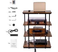 SucceBuy Support média AV à 4 niveaux avec blocs multiprises, support TV d'angle avec lampes LED, étagères en bois réglables en hauteur pour lecteurs DVD, boîtiers de câbles, consoles de jeux, brun
