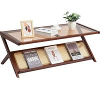 SucceBuy Table basse en rotin, 47 pouces, bambou tissé en forme de Z avec plateau en verre trempé, table de rangement boho moderne, pieds en bambou naturel pour le salon, la chambre et les petits espa