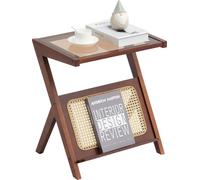 SucceBuy Table basse en rotin, bambou tissé en forme de Z avec plateau en verre trempé, 20 pouces table de rangement boho moderne, pieds en bambou naturel pour le salon