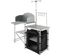 SucceBuy Table de cuisine de camping, table de cuisine portable pliable avec 1 placard, pare-brise et pied de lampe réglable, station de grill pour l'extérieur avec plan de travail en MDF