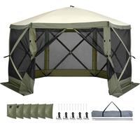 SucceBuy Tente Pavillon Pop-Up, abri solaire à 6 côtés avec panneaux pare-vue amovibles et fenêtres en filet, 12x12FT Tente Quick-Set-Screen avec moustiquaire, vert armée