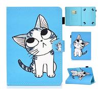 Succtop Coque pour 10 Pouces Tablette Universelle, Cuir Housse Portefeuille Porte-crayons Tablette Étui Fire HD 10, Huawei MediaPad T3/T5 10, Fusion5 10.1, Galaxy Tab A 10.1/Tab E 9.6, Lenovo Tab 3 10.1Autre Tablette 9.5-10.5",Chat Bleu