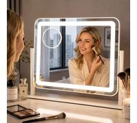 Sucedey Miroir de Maquillage avec Lumières LED, 46 x 36 cm - Miroir Hollywood 3 Modes de Couleur & Luminosité Réglable, Miroir Détachable 10x Zoom, Rotation 360° (Blanc)